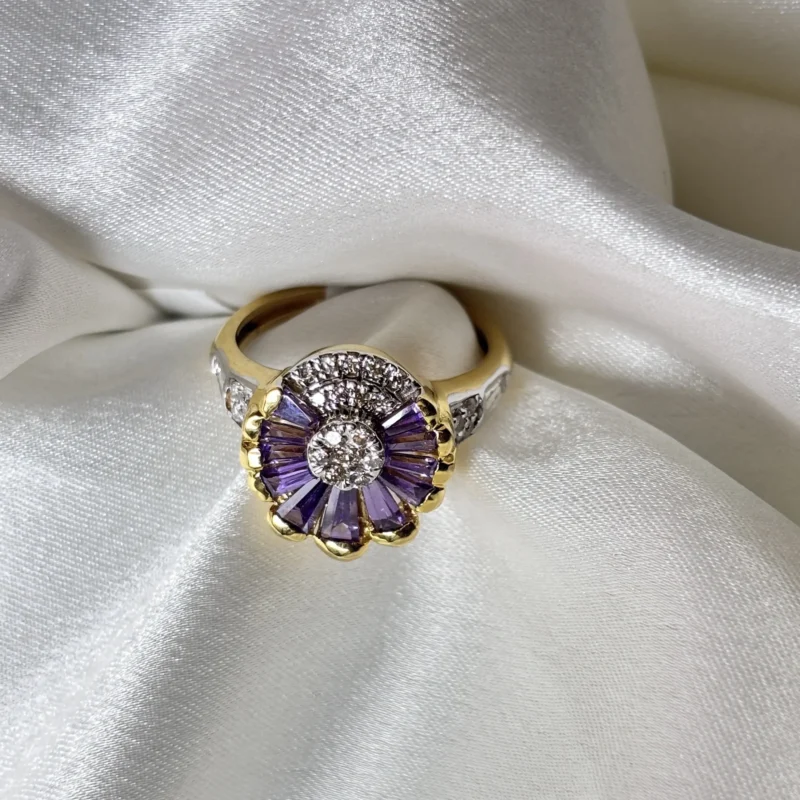 Royal Diamond Ring with Purple Gemstone Petal Design - Image 2