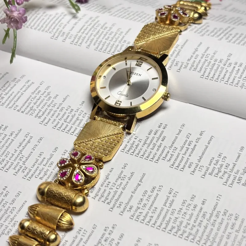 Silver Dial Watch with Gold-Plated Traditional Strap & Stone Embellishments - Image 2