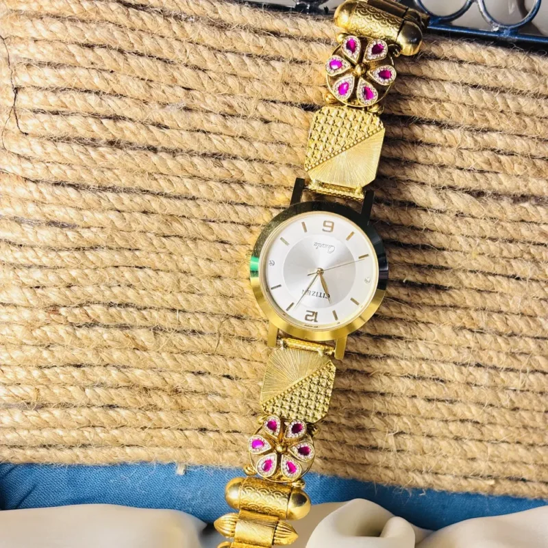 Silver Dial Watch with Gold-Plated Traditional Strap & Stone Embellishments - Image 3