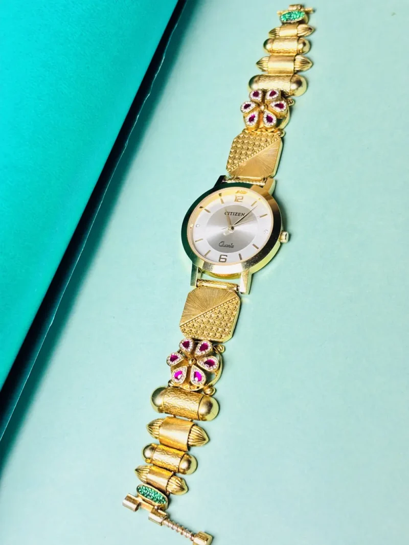 Silver Dial Watch with Gold-Plated Traditional Strap & Stone Embellishments