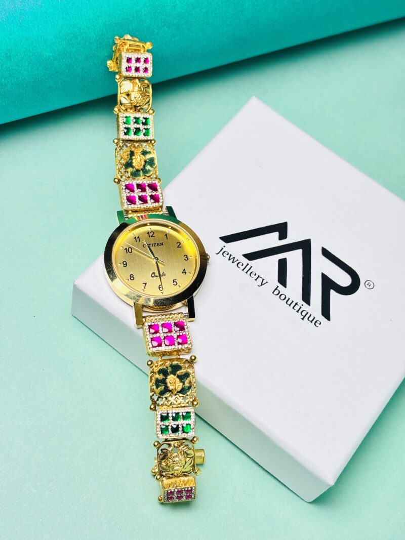🌟 Luxury Gold-Plated Designer Watch with Ruby & Emerald Stone Bracelet 🌟