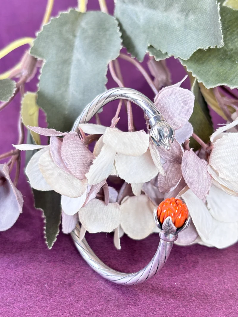 Stylish Silver Cuff Bracelet with Carved Red Stone Floral Design - Image 4