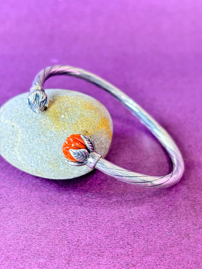 Stylish Silver Cuff Bracelet with Carved Red Stone Floral Design