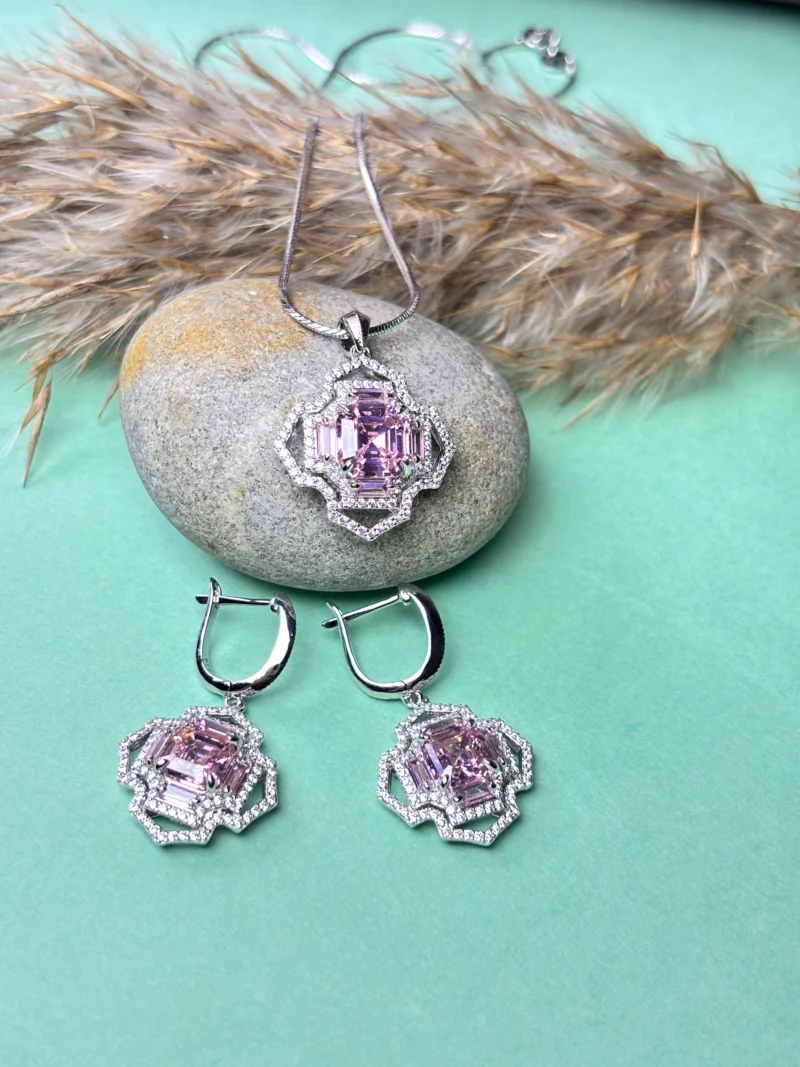 Silver Pendant Set with Pink Stone & Zircon Sparkle without chain