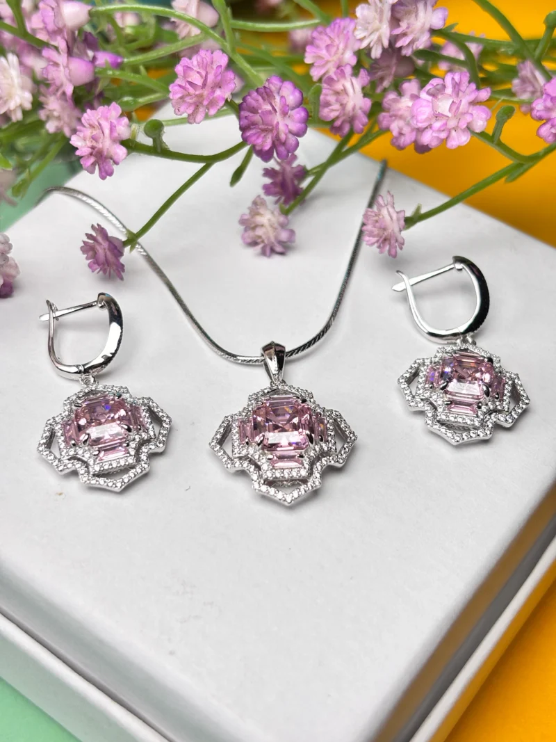 Silver Pendant Set with Pink Stone & Zircon Sparkle without chain - Image 3