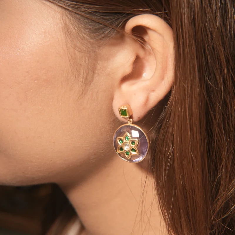 Floral Royalty 925 Silver Earrings with Amethyst & Green Stone Inlay - Image 3