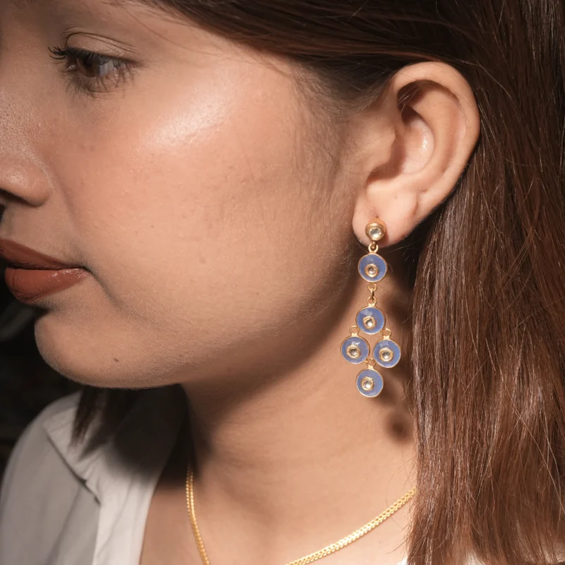 925 Silver Blue Enamel Dangler Earrings with Polki Accents