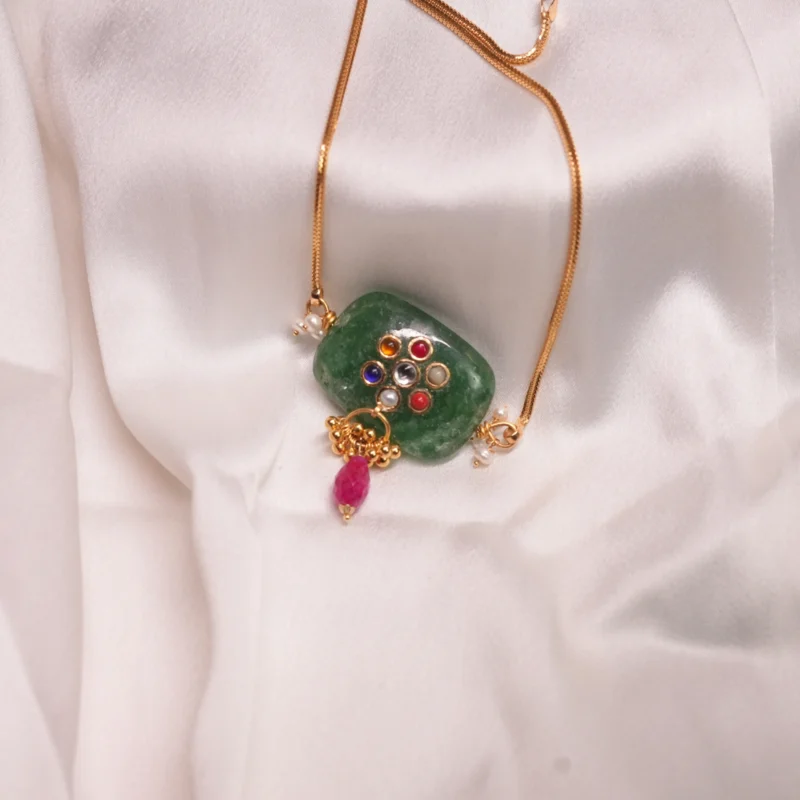 22Kt Gold Green Stone Navratna Pendant with Chain