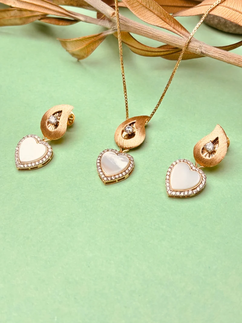 Rose Gold Pendant Set with Diamonds & Mother of Pearl Heart Design - Image 3
