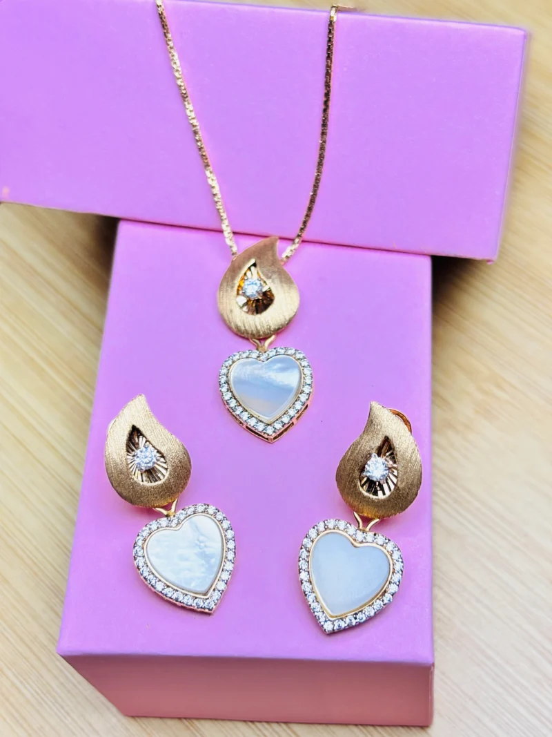 Rose Gold Pendant Set with Diamonds & Mother of Pearl Heart Design - Image 4