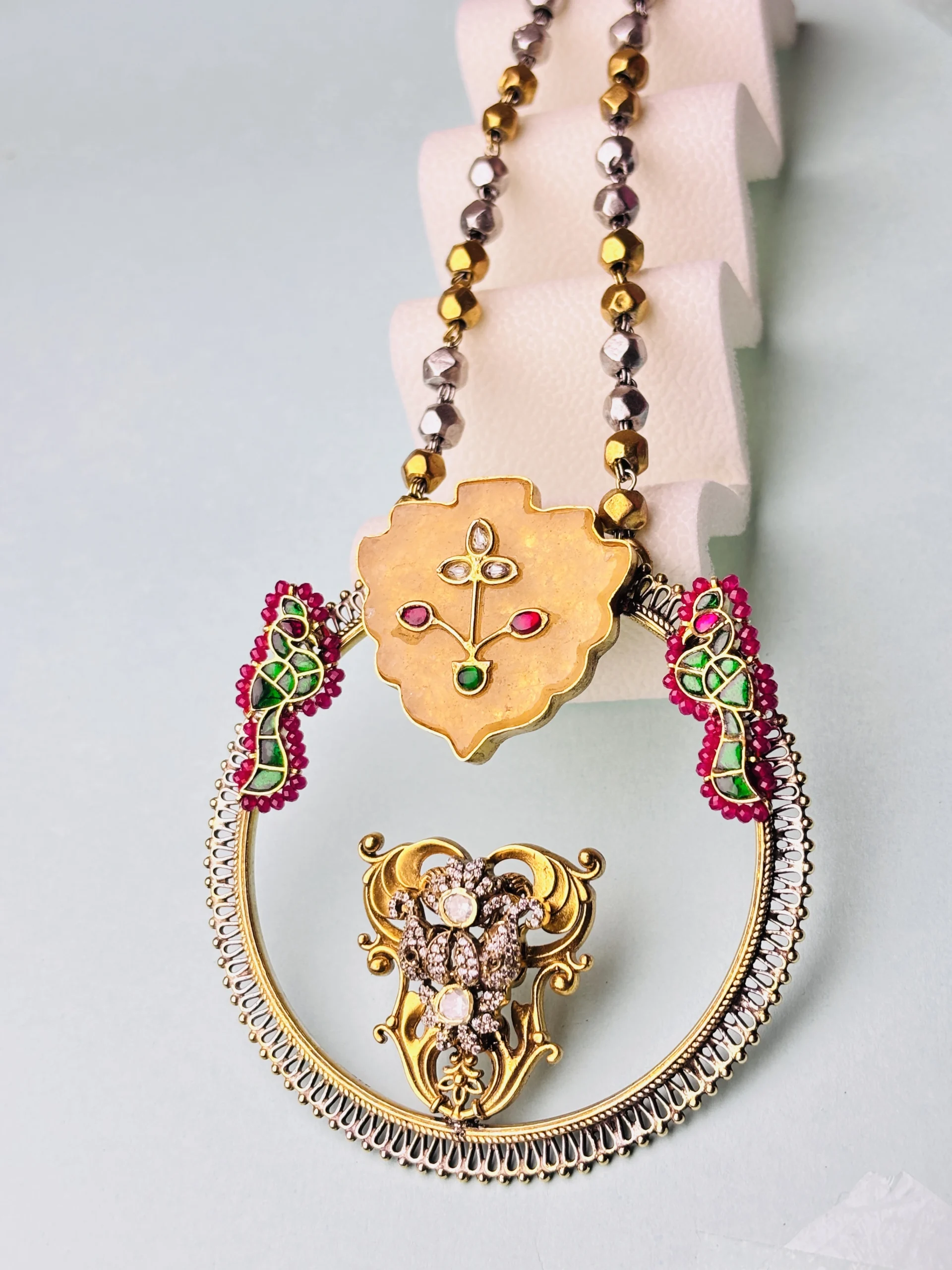 Traditional Silver Pendant with Enamel & Stone Embellishments - Image 3