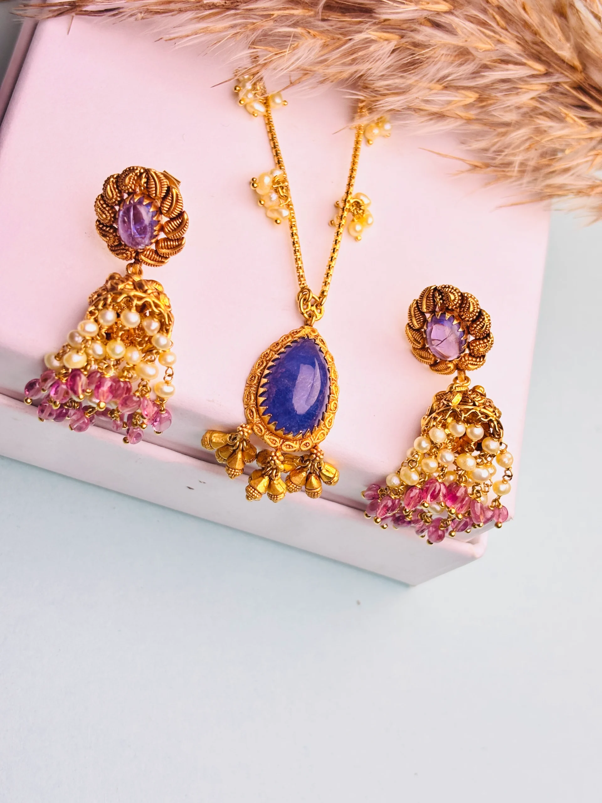 Elegant 22Kt Gold Chain Pendant with Matching Earrings – Purple Gemstone & Pearl Design