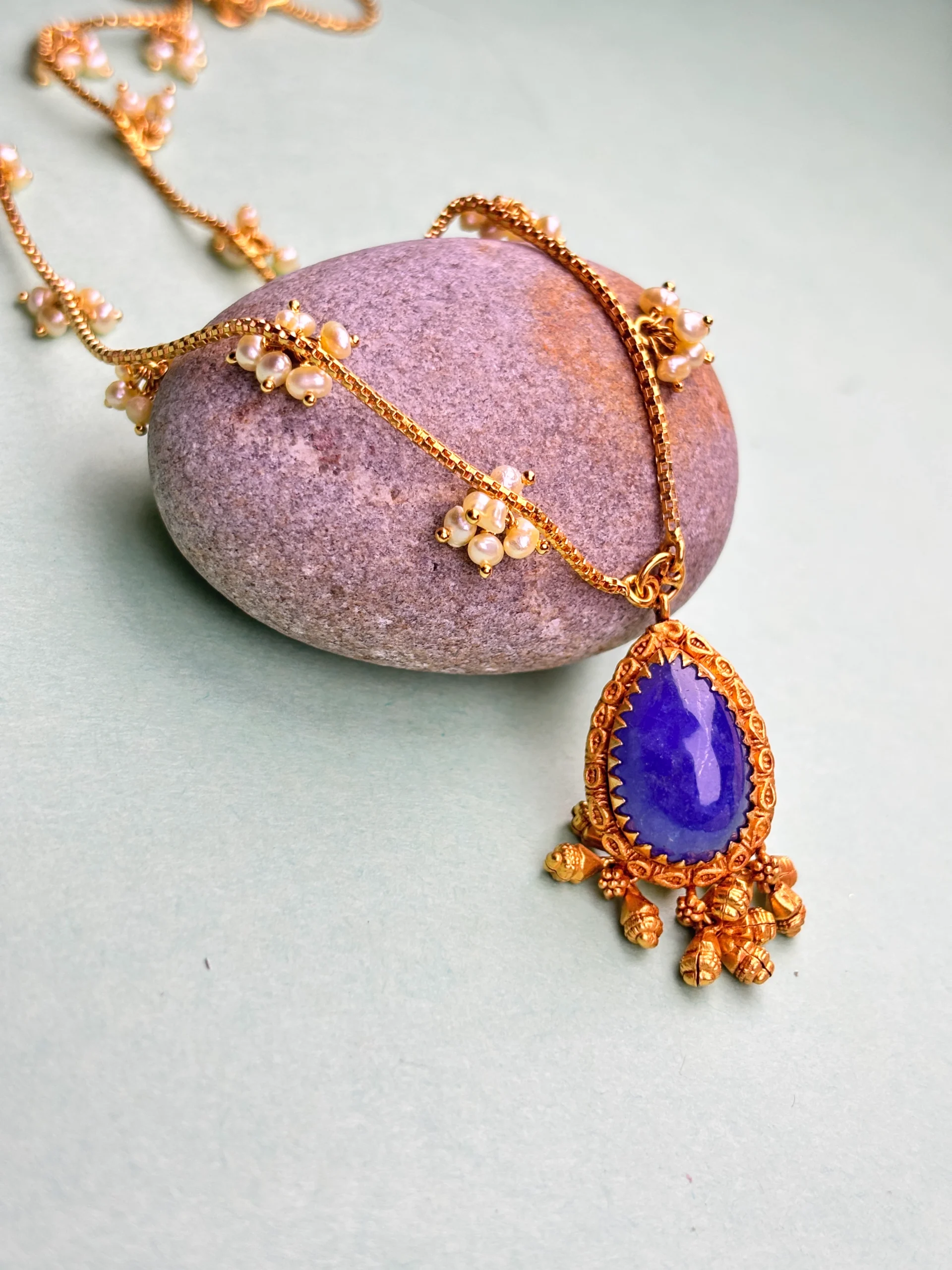 Elegant 22Kt Gold Chain Pendant with Matching Earrings – Purple Gemstone & Pearl Design - Image 2