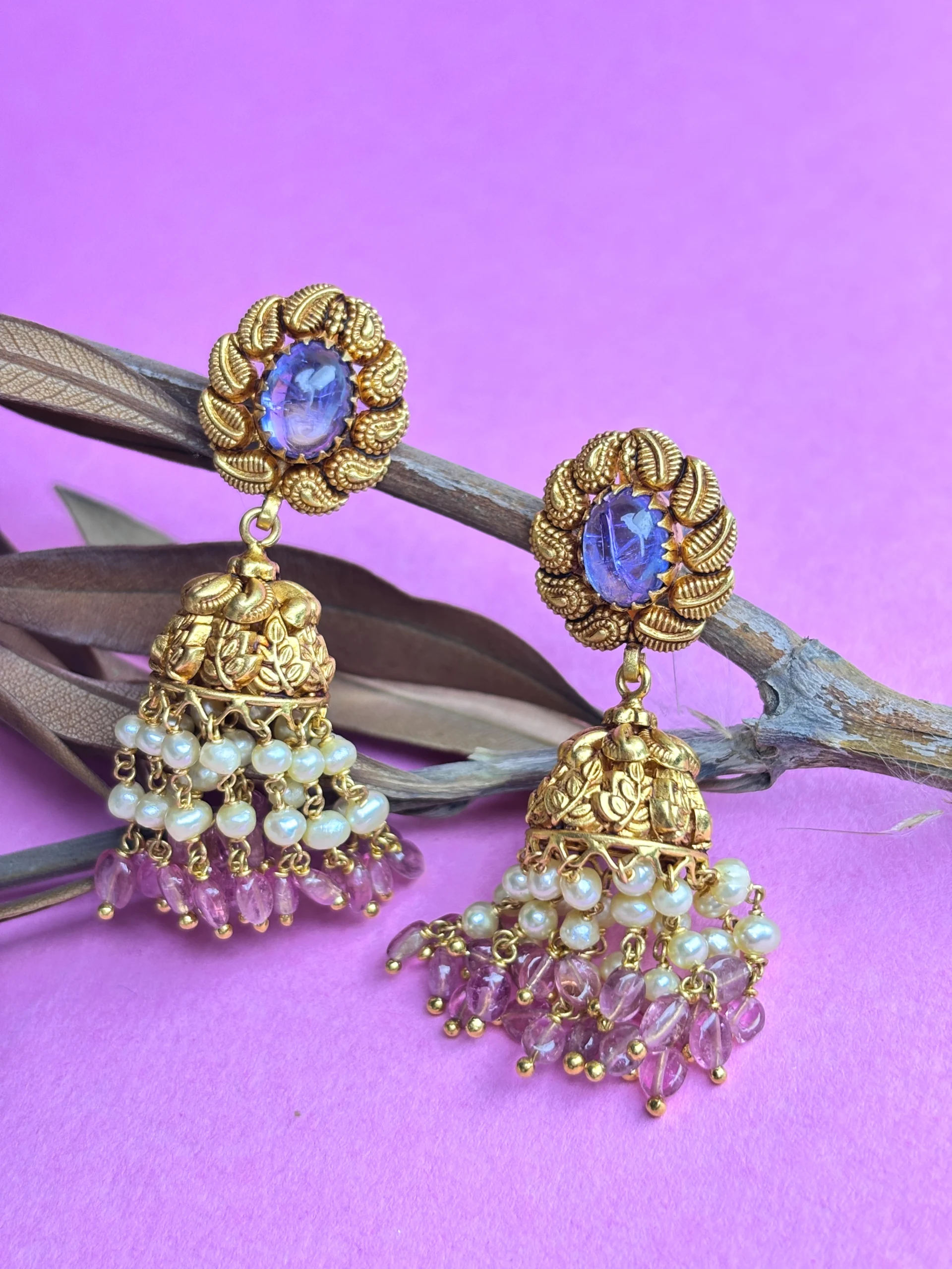 Elegant 22Kt Gold Chain Pendant with Matching Earrings – Purple Gemstone & Pearl Design - Image 3