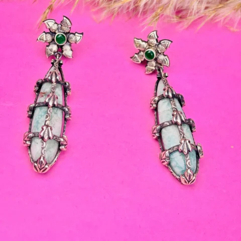 Antique Silver Earrings with Green Stone & Aquamarine Detailing