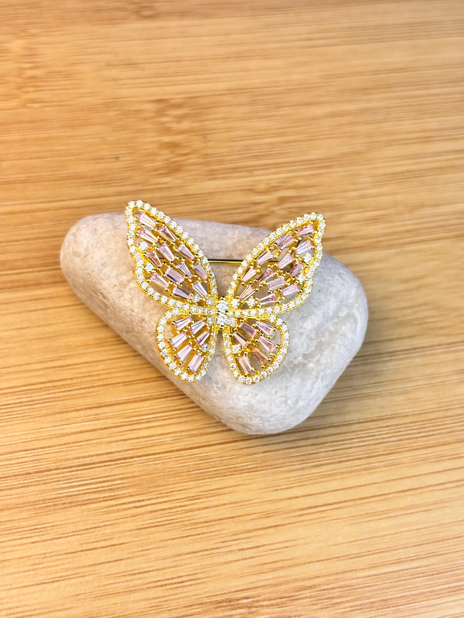 Elegant Butterfly Silver Brooch with Pink Zircon and Sparkling Crystals - Image 3