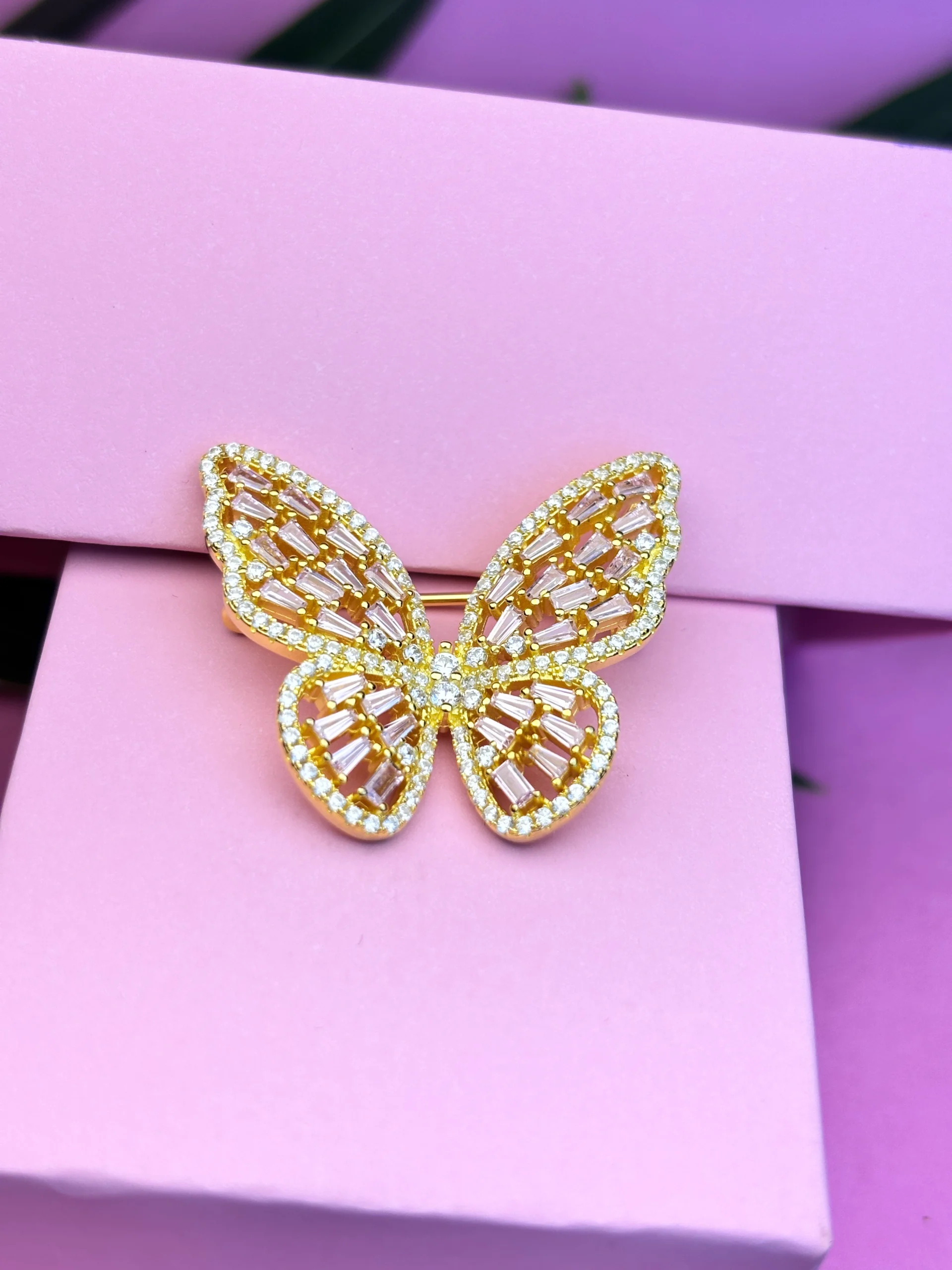 Elegant Butterfly Silver Brooch with Pink Zircon and Sparkling Crystals