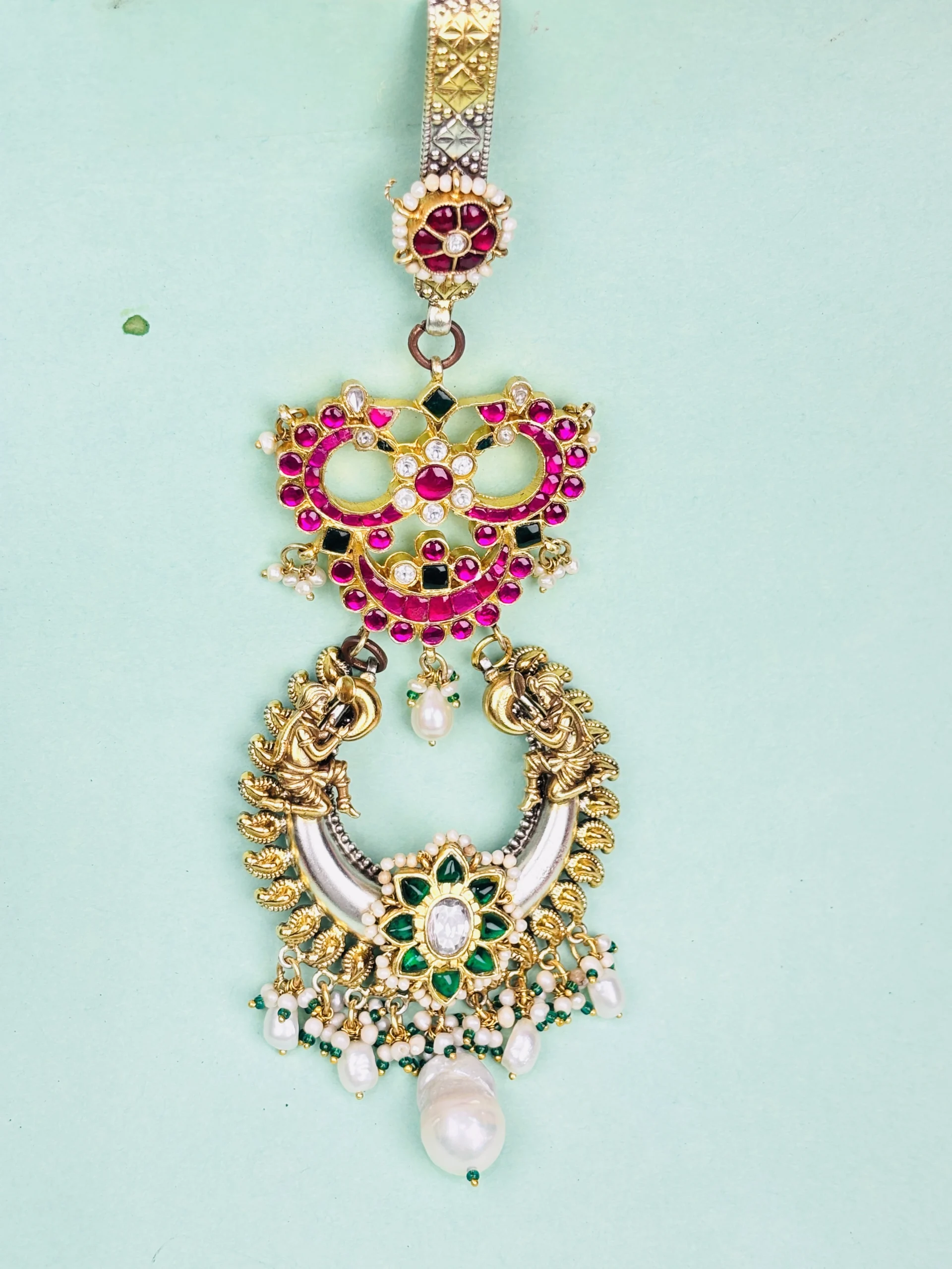 Traditional Silver Keyring with Ruby, Emerald & Pearl Embellishments - Image 2