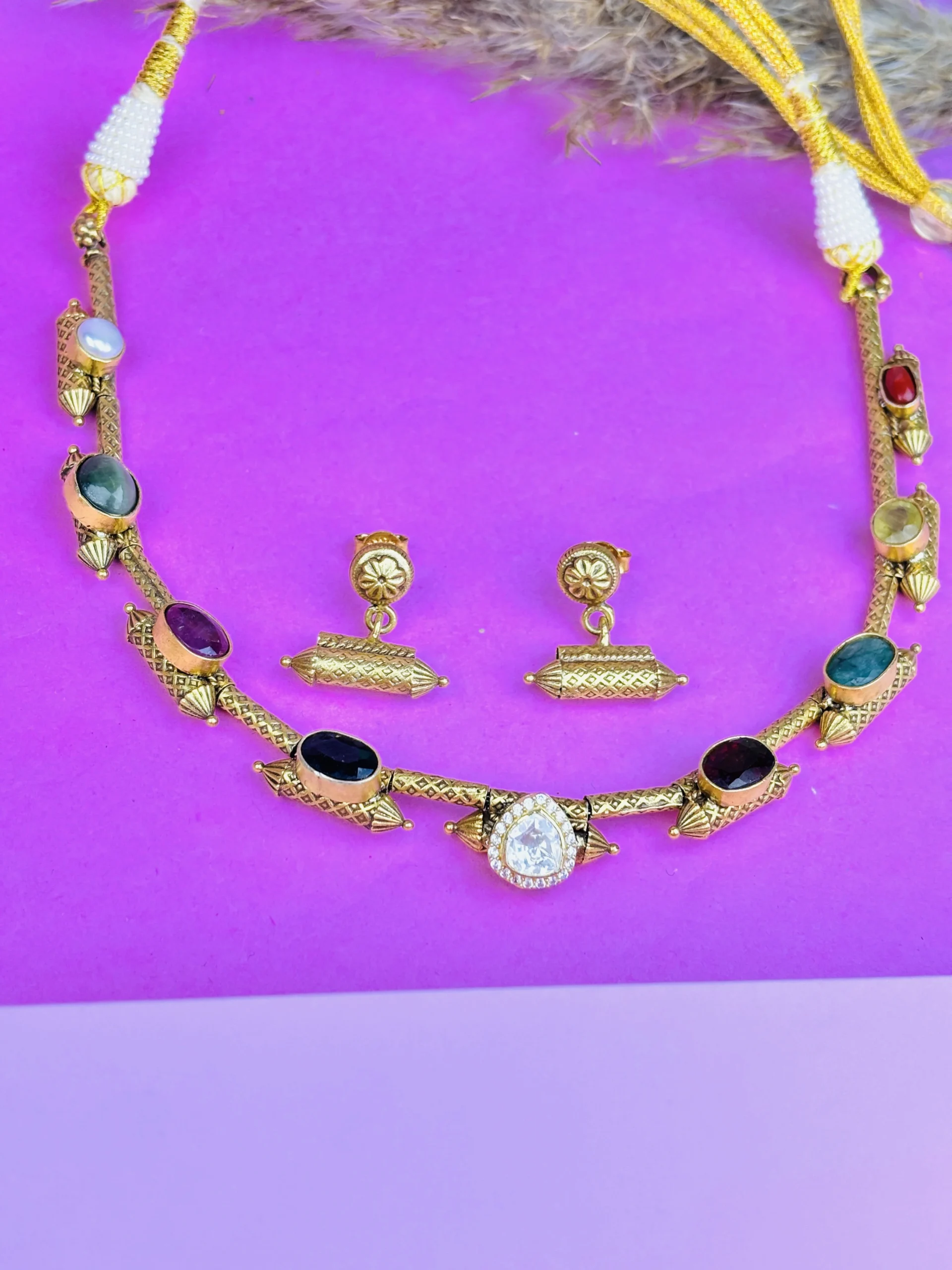 Traditional Silver Hasli Necklace with Multicolor Stones & Matching Earrings