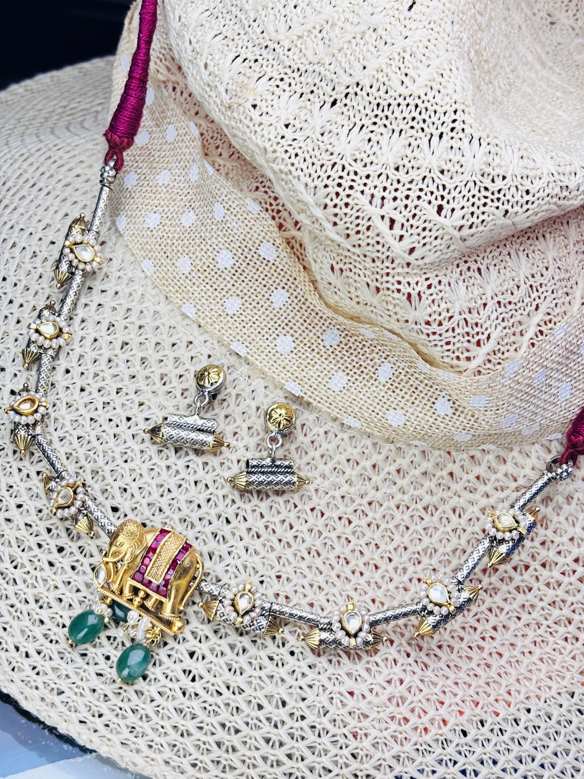 Antique Silver Hasli Necklace with Elephant Motif & Pearl Detailing - Image 2