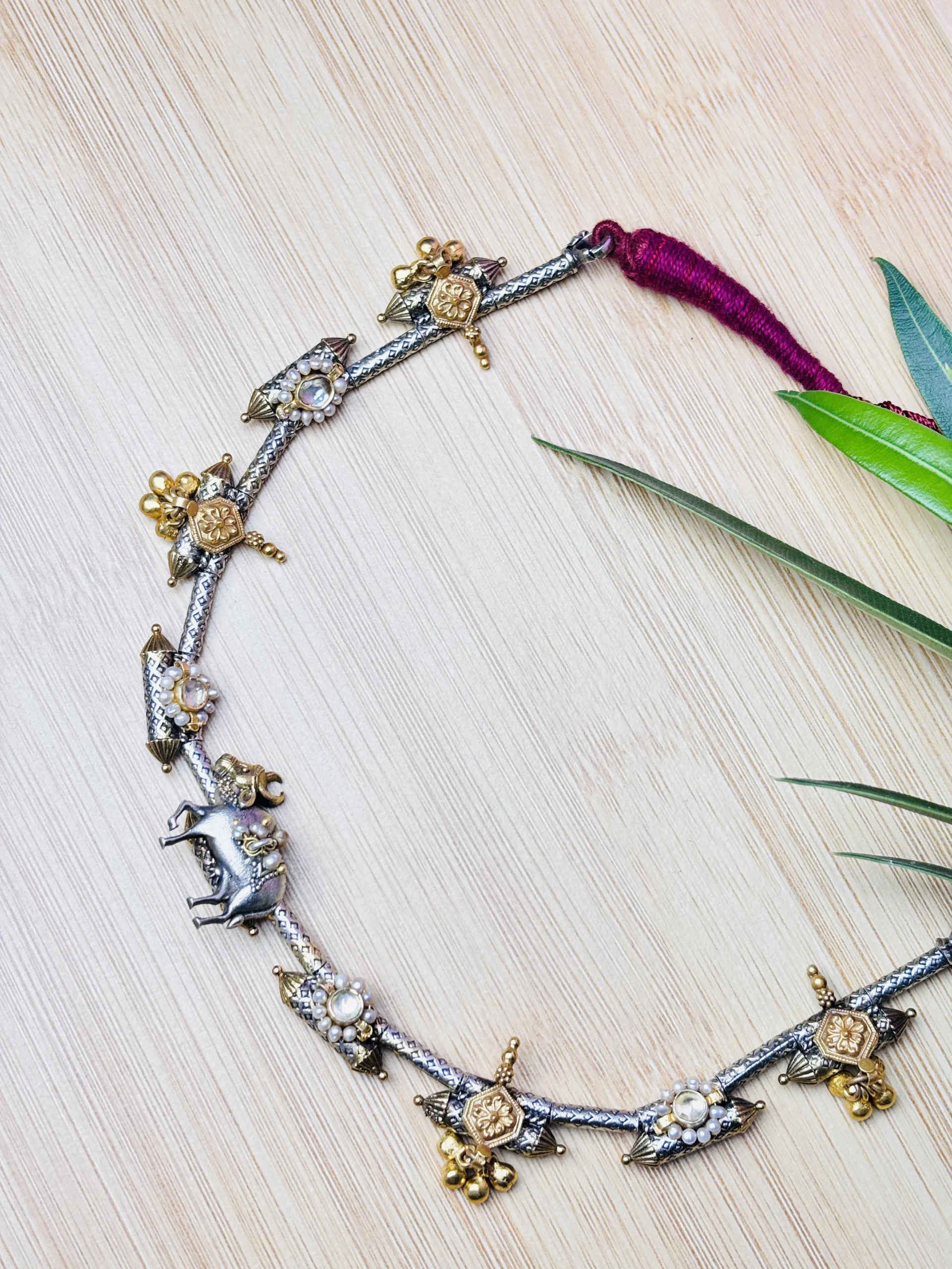 Antique Silver Hasli Necklace with Ox Motif & Pearl Embellishments - Image 2