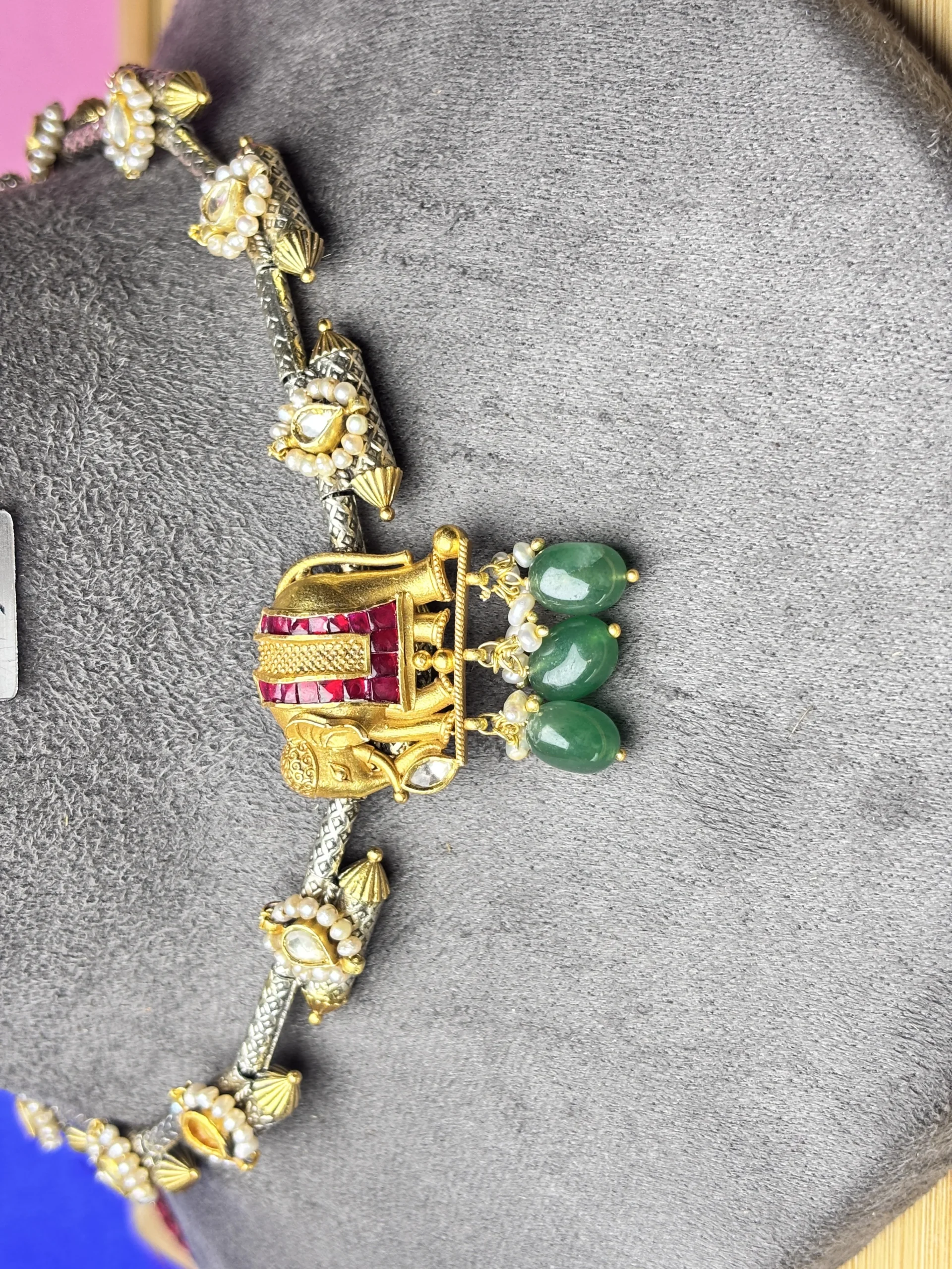 Antique Silver Hasli Necklace with Elephant Motif & Pearl Detailing - Image 3