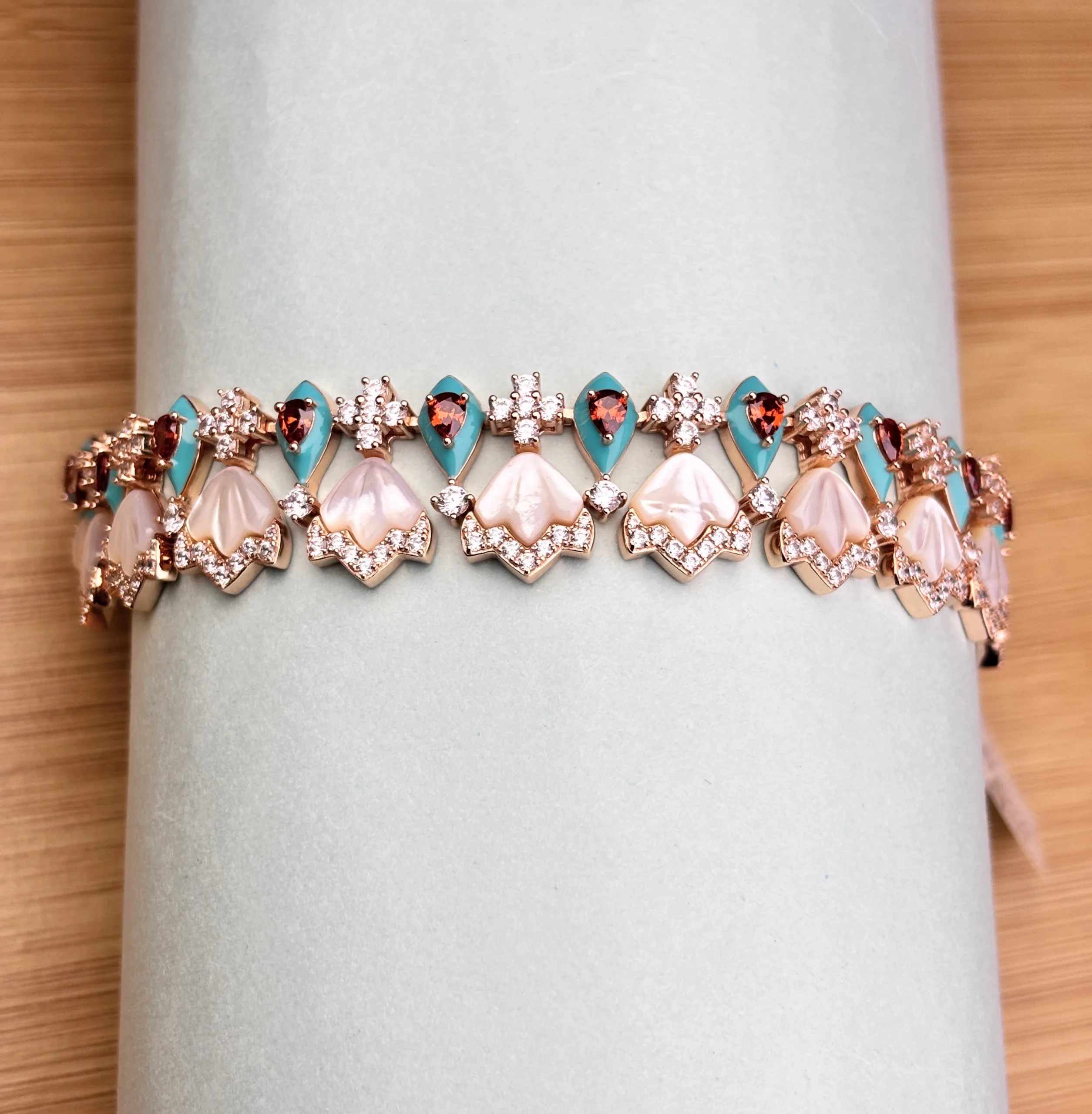 Elegant Silver Bracelet with Blue and Pearl Floral Charms - Image 2