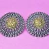Antique Oxidized Silver Floral Stud Earrings with Golden Detailing