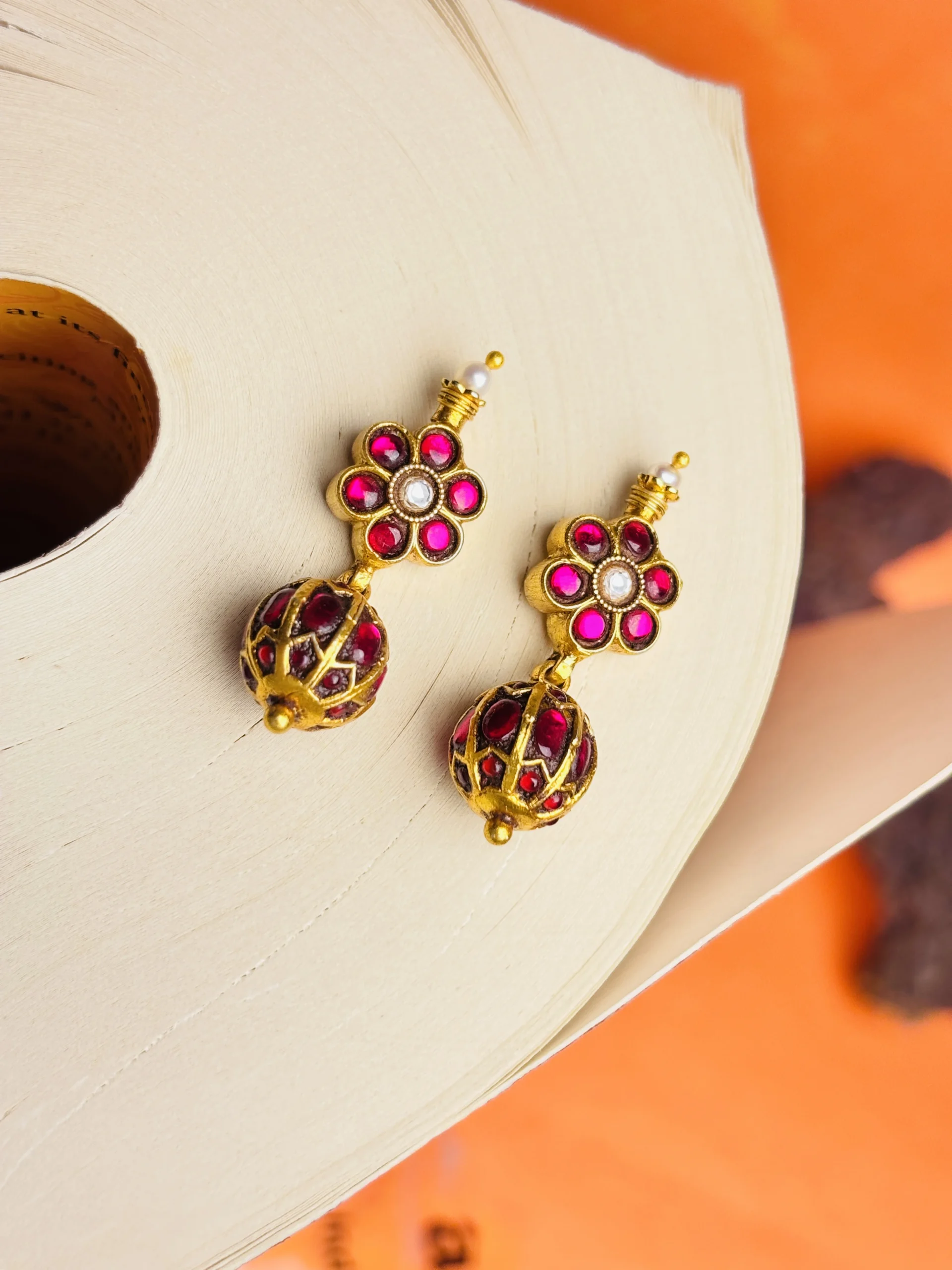 Regal Ruby Blossom 925 Silver Gold-Plated Earrings - Image 2