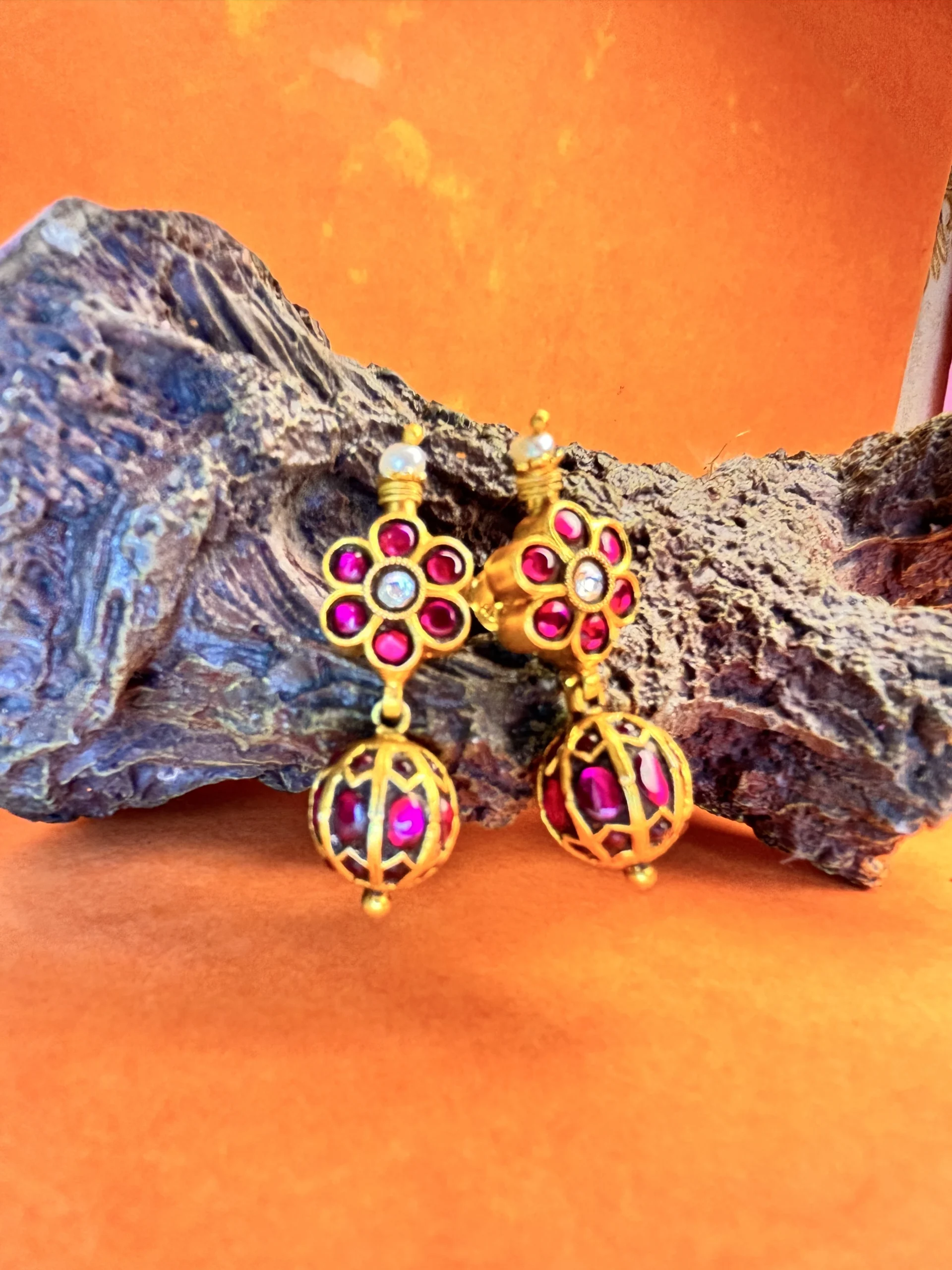 Regal Ruby Blossom 925 Silver Gold-Plated Earrings - Image 3