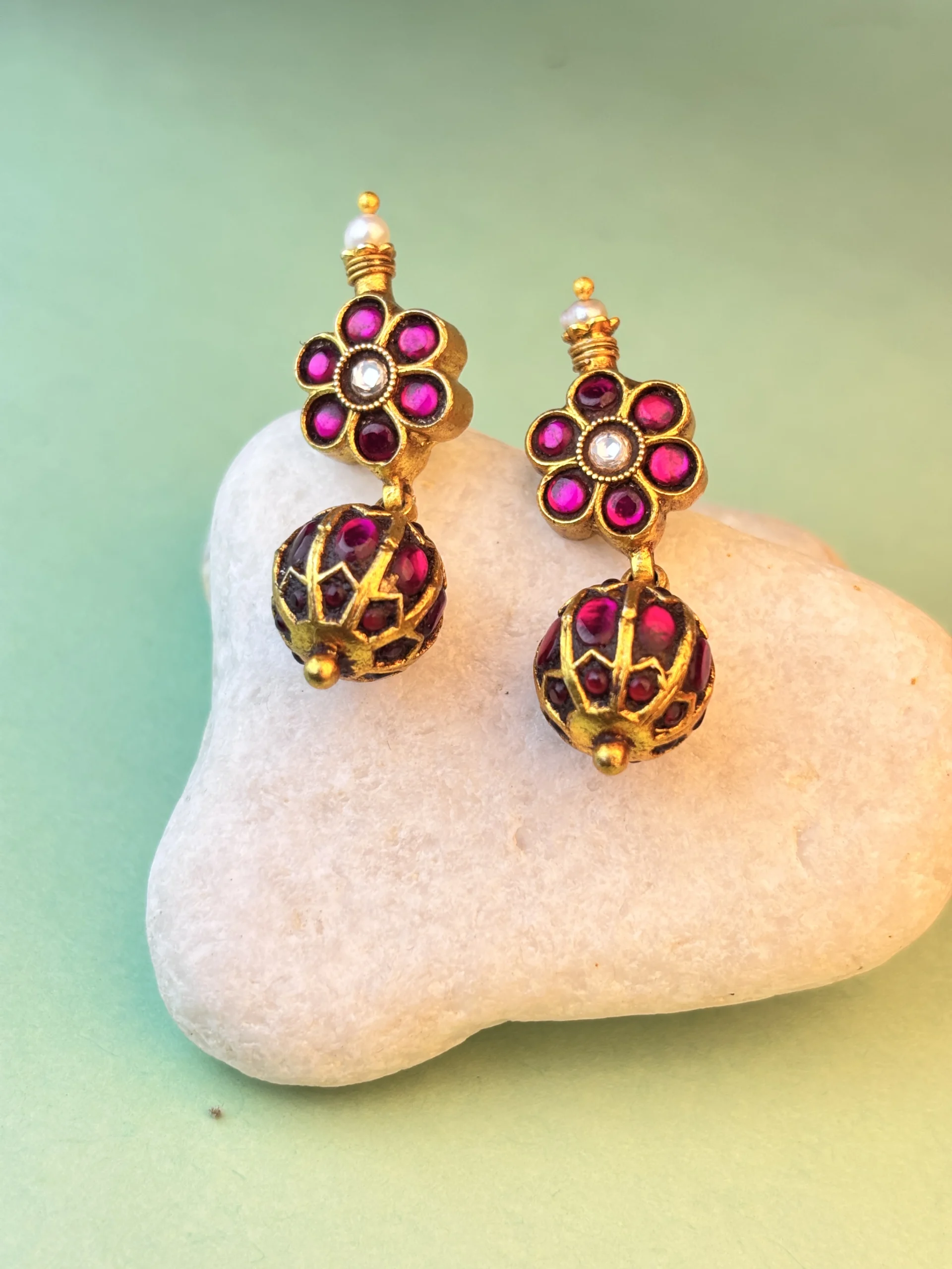 Regal Ruby Blossom 925 Silver Gold-Plated Earrings