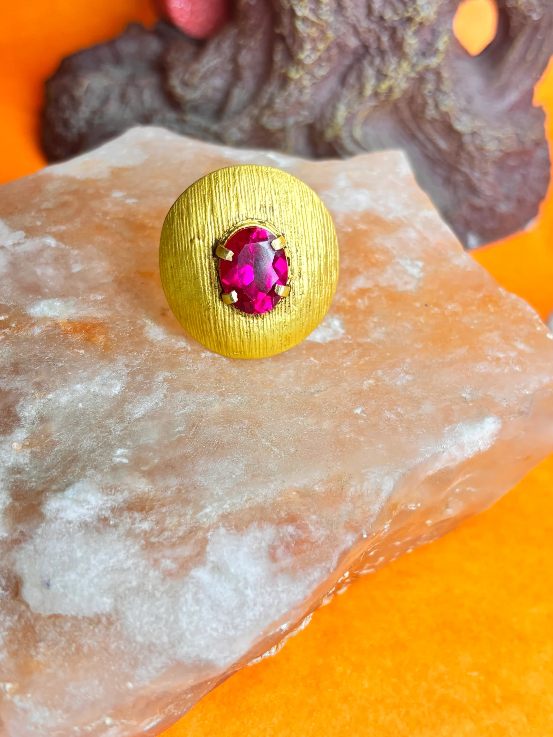 Elegant 22KT Matte Gold Ring with Ruby Pink Stone - Image 2