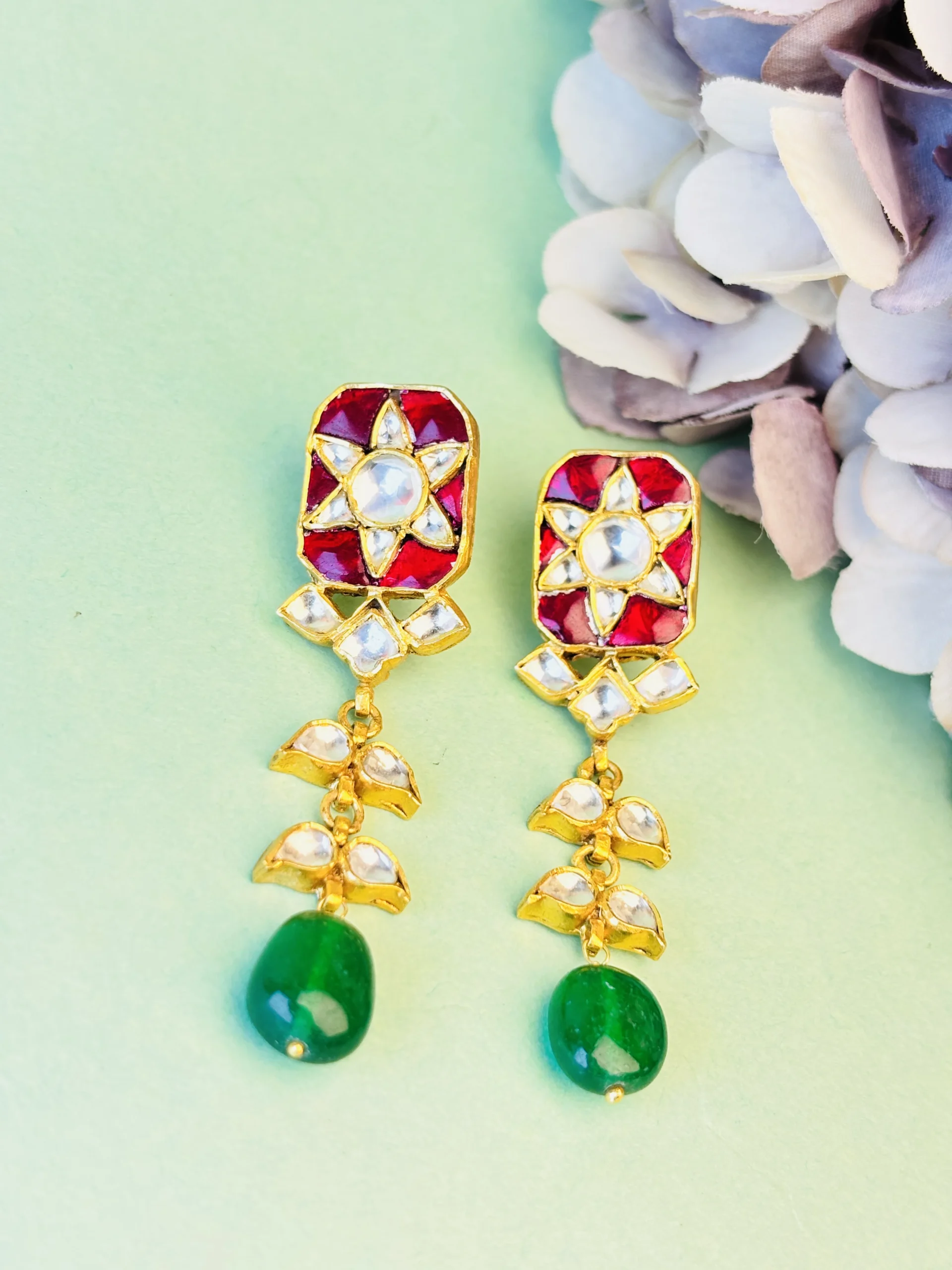 Regal Red & Green Silver-Plated Statement Earrings