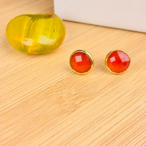 Radiant Red Onyx Silver Stud Earrings with Gold Finish