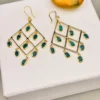 Elegant Gold-Plated 925 Silver Geometric Dangle Earrings with Teal Oval Stones