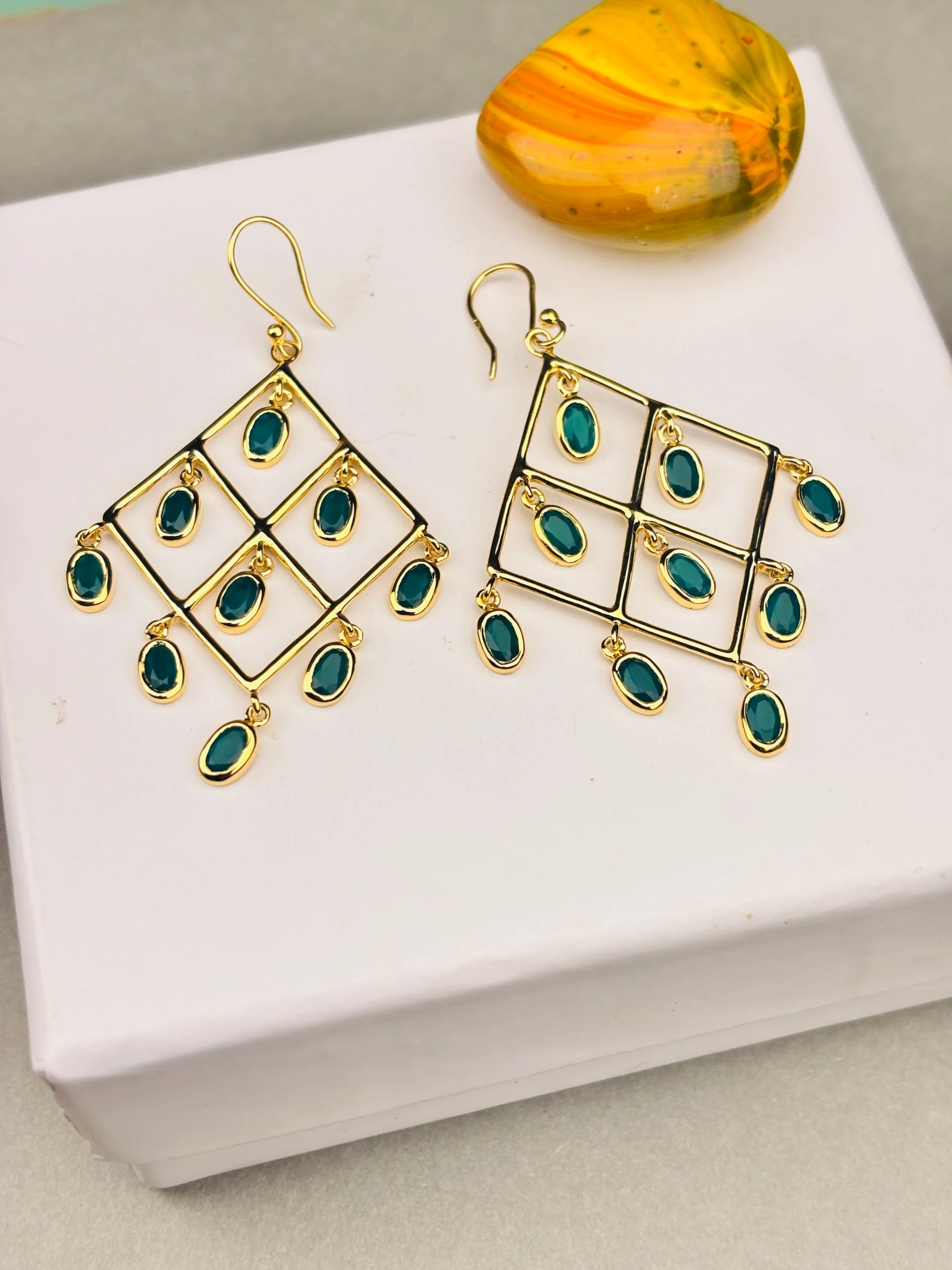 Elegant Gold-Plated 925 Silver Geometric Dangle Earrings with Teal Oval Stones