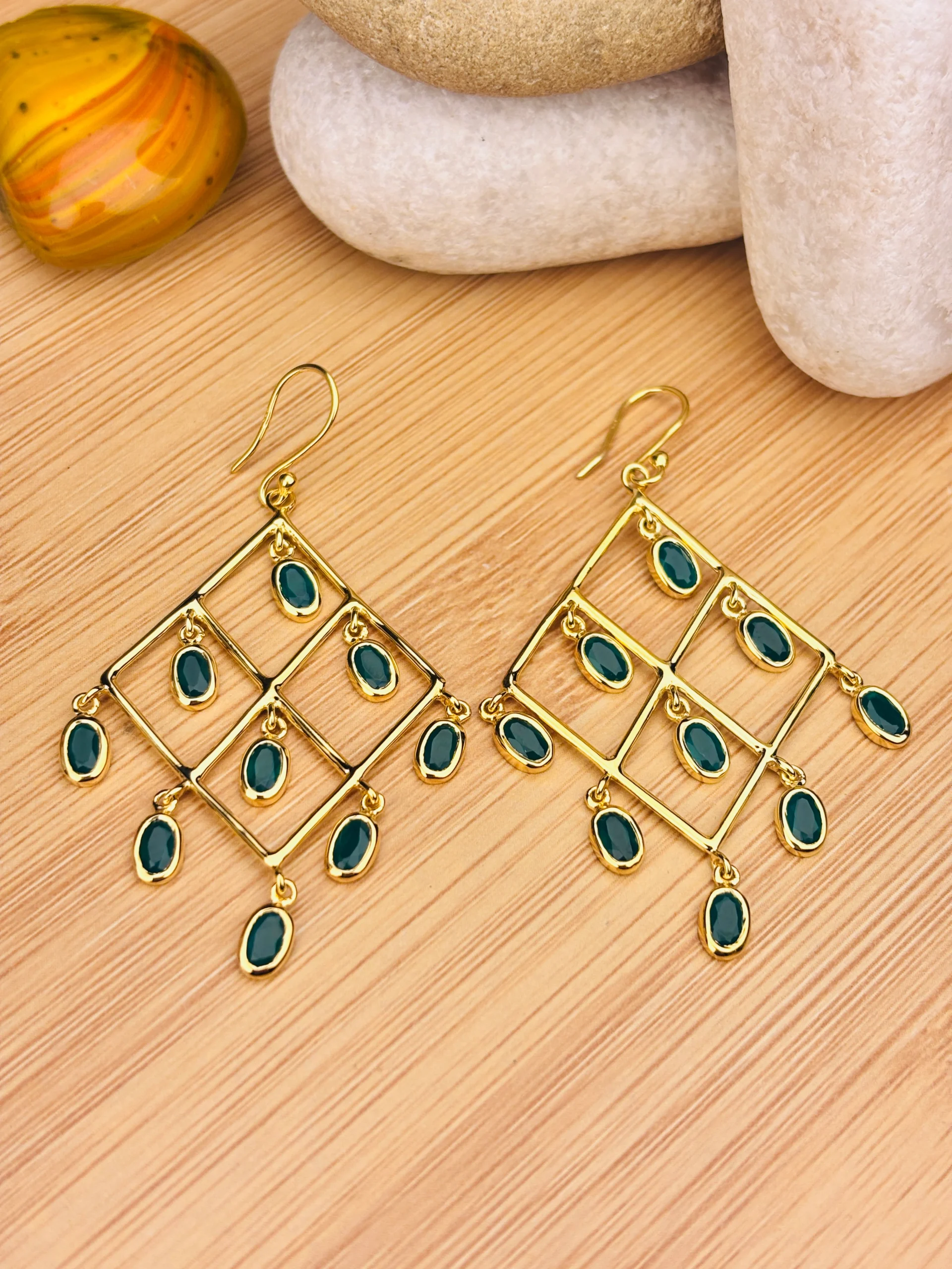 Elegant Gold-Plated 925 Silver Geometric Dangle Earrings with Teal Oval Stones - Image 2