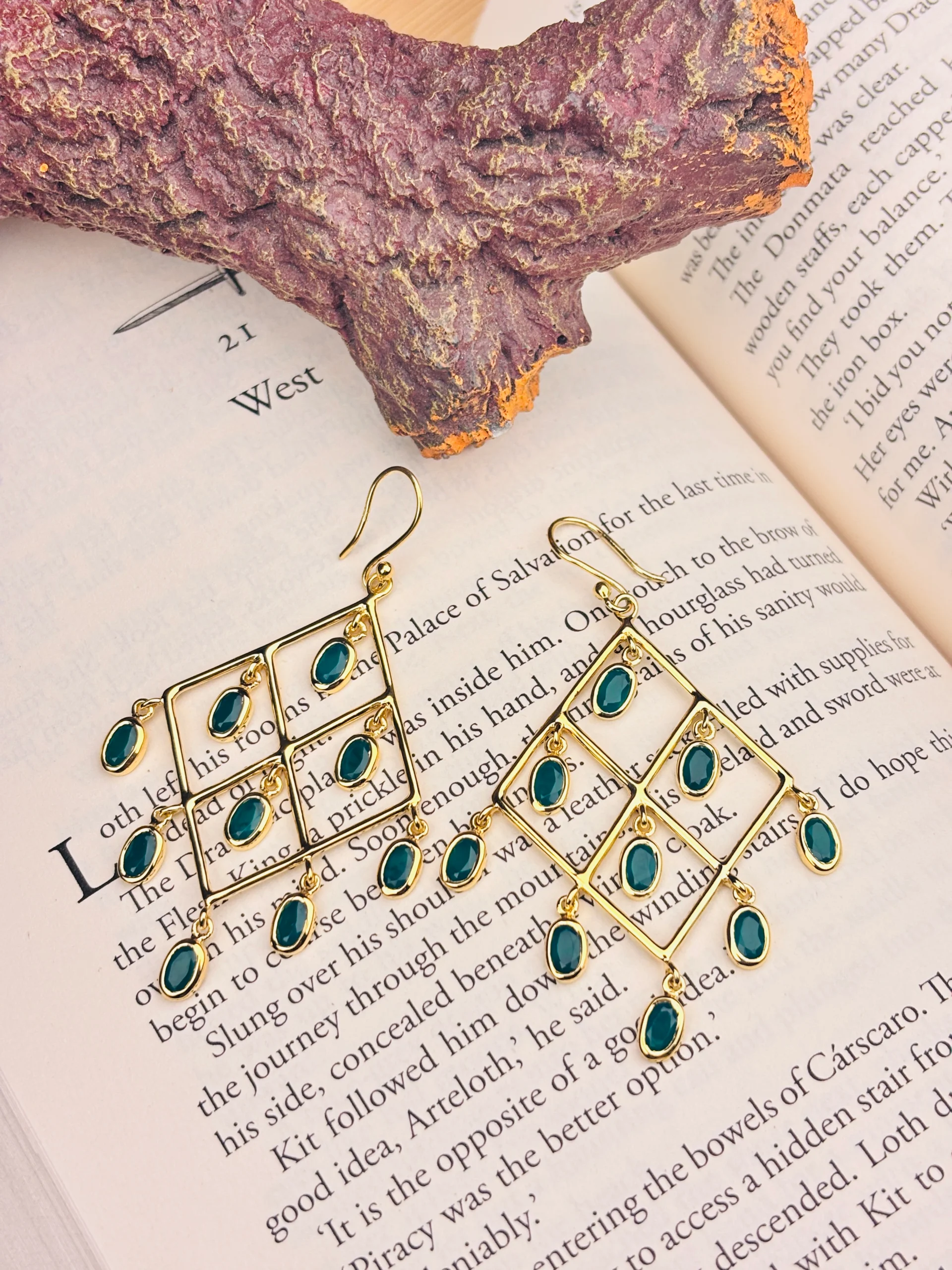 Elegant Gold-Plated 925 Silver Geometric Dangle Earrings with Teal Oval Stones - Image 3