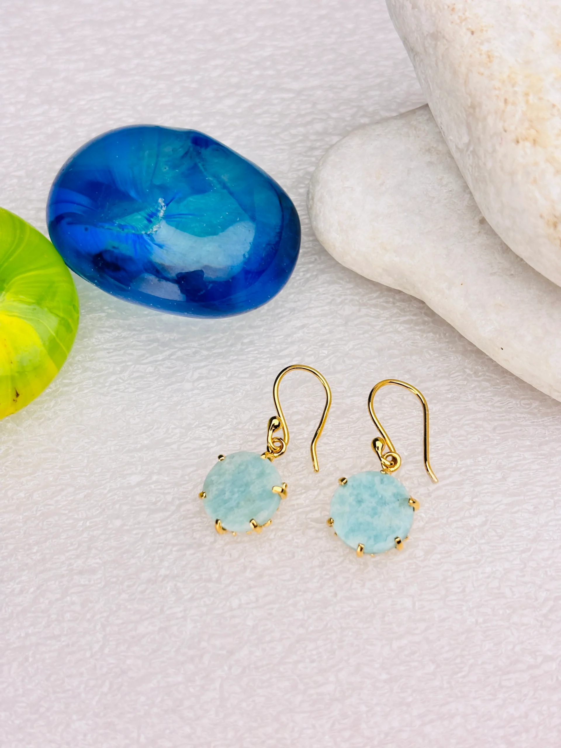 Gold-Plated 925 Silver Drop Earrings with Natural Aqua Blue Stone - Image 2
