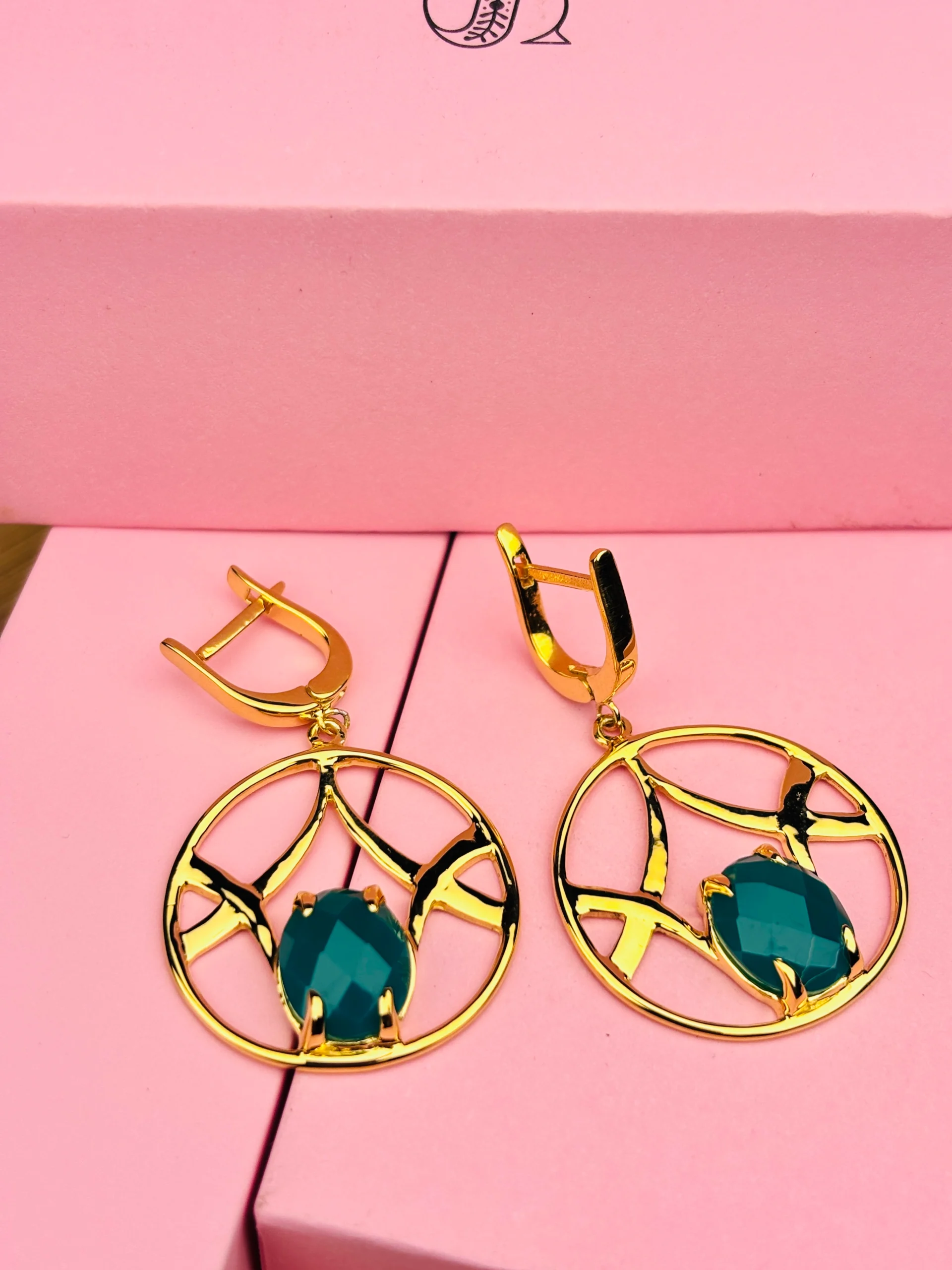 Gold-Plated 925 Silver Round Drop Earrings with Teal Faceted Stone - Image 2