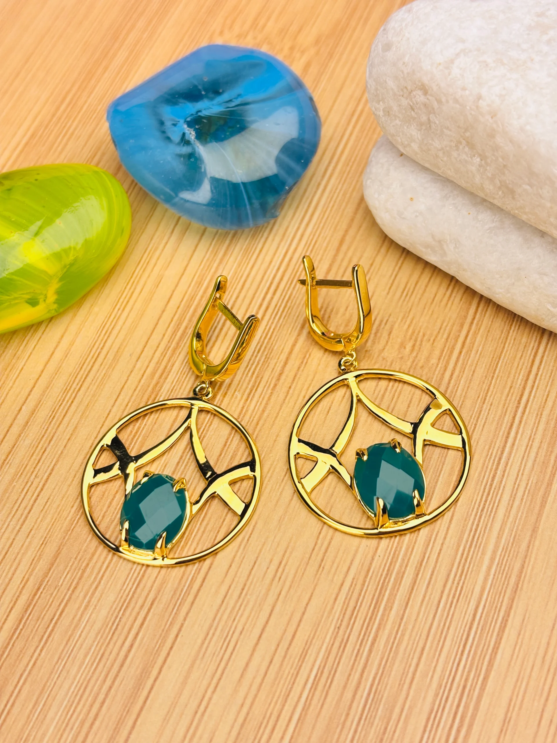 Gold-Plated 925 Silver Round Drop Earrings with Teal Faceted Stone - Image 3