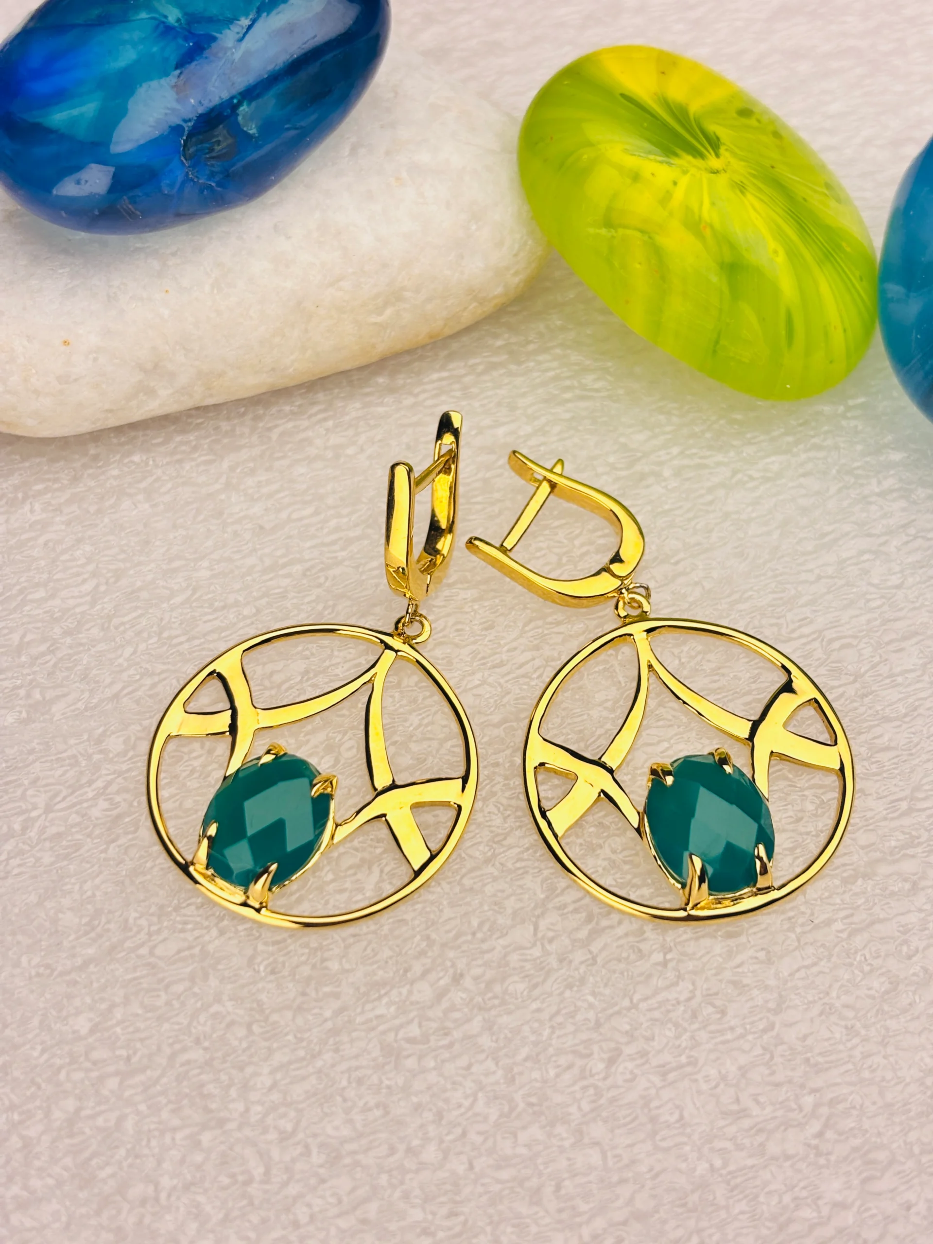 Gold-Plated 925 Silver Round Drop Earrings with Teal Faceted Stone