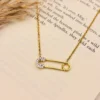 Gold-Plated 925 Silver Safety Pin Pendant Necklace with CZ Stones