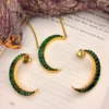 925 Silver Crescent Charm Pendant Set with Emerald-Green Stone Inlay (Gold- polish)