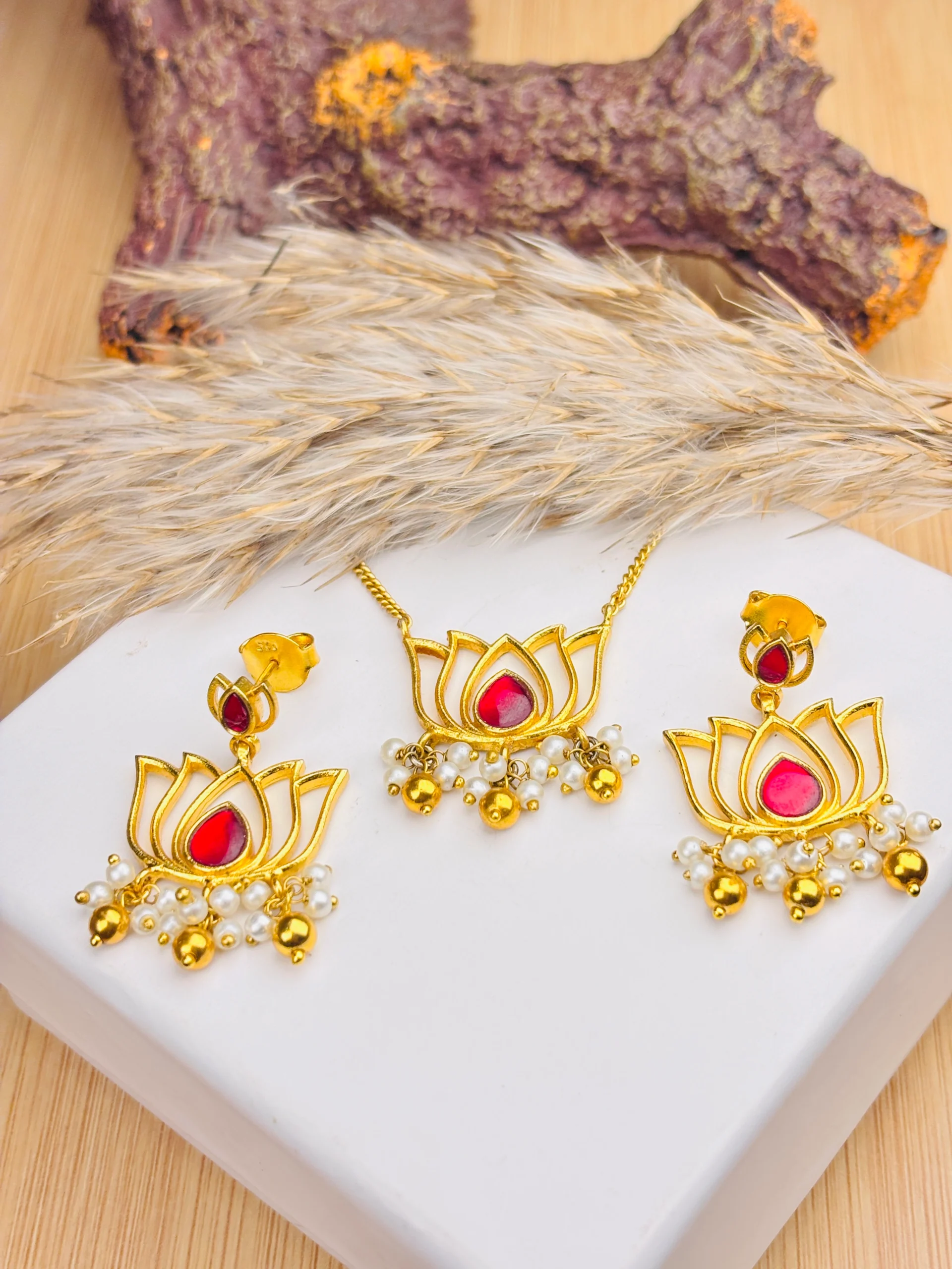 925 Silver Lotus Bloom Pendant Set with Ruby-Pink Stone & Pearl Detailing (Gold-Polish) - Image 3