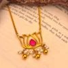 925 Silver Lotus Bloom Pendant Set with Ruby-Pink Stone & Pearl Detailing (Gold-Polish)