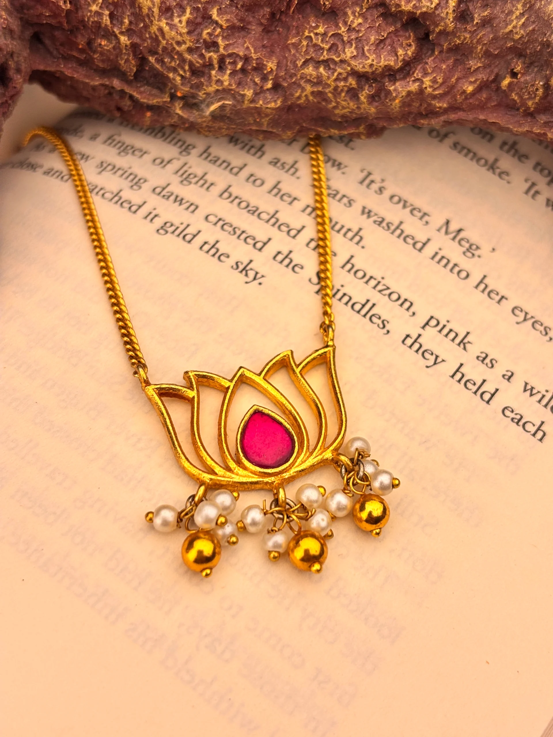925 Silver Lotus Bloom Pendant Set with Ruby-Pink Stone & Pearl Detailing (Gold-Polish)