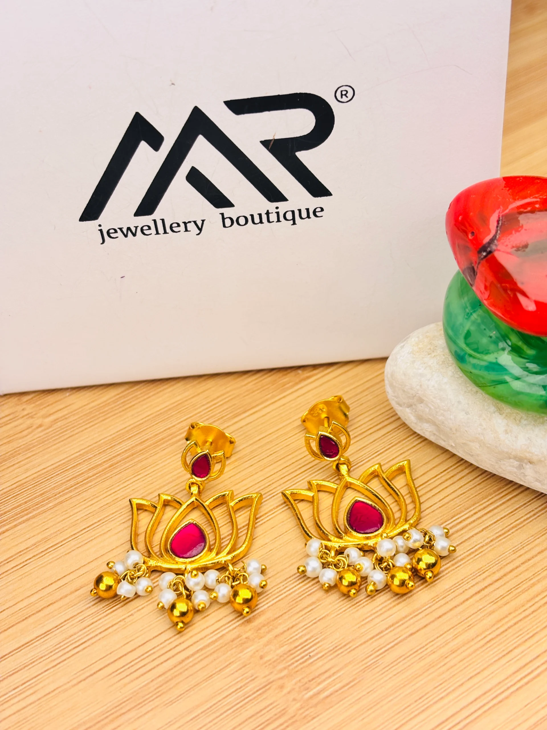 925 Silver Lotus Bloom Pendant Set with Ruby-Pink Stone & Pearl Detailing (Gold-Polish) - Image 2