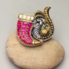 Handcrafted Peacock Design Silver Ring with Ruby-Pink & White Stone Inlay