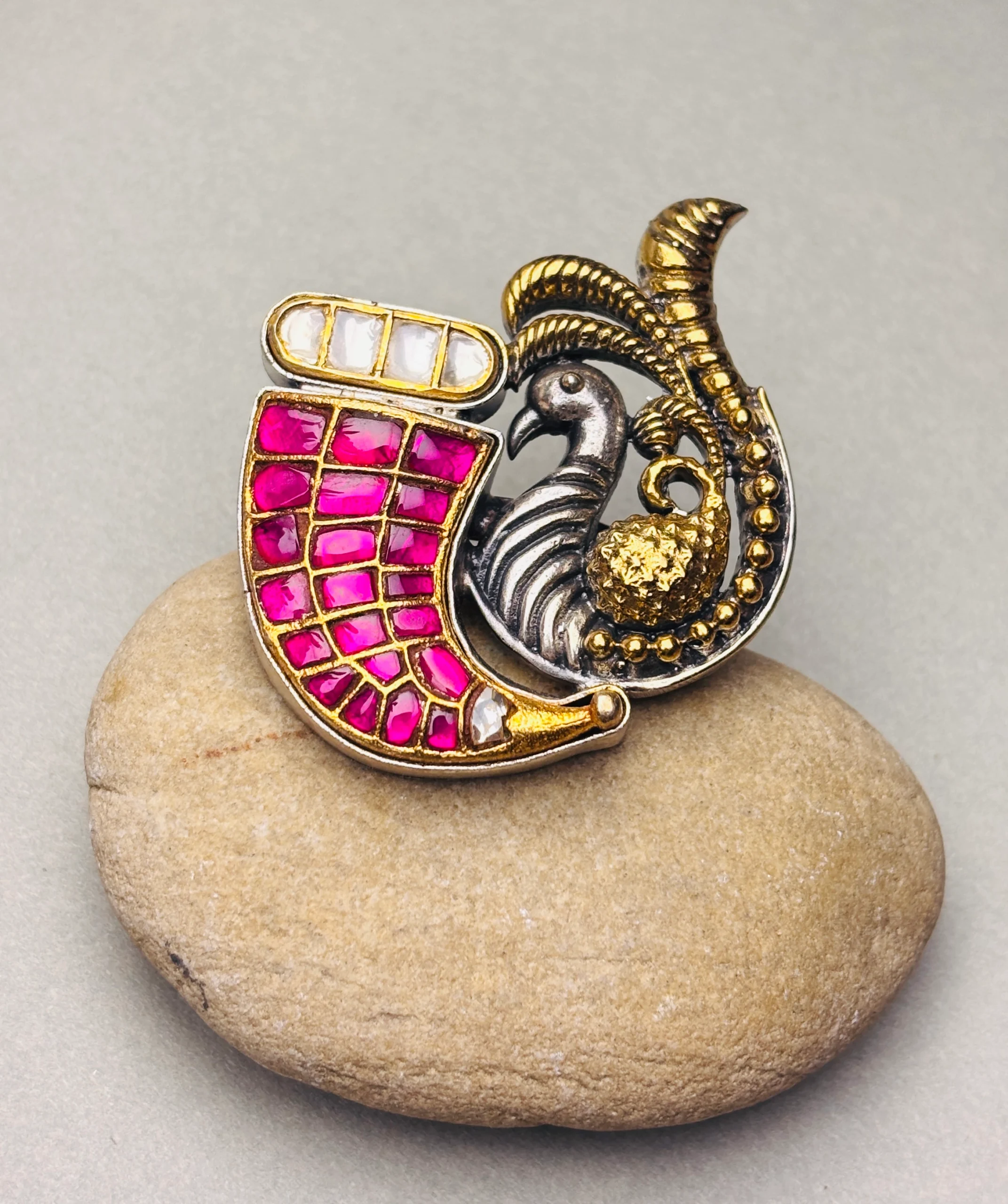 Handcrafted Peacock Design Silver Ring with Ruby-Pink & White Stone Inlay
